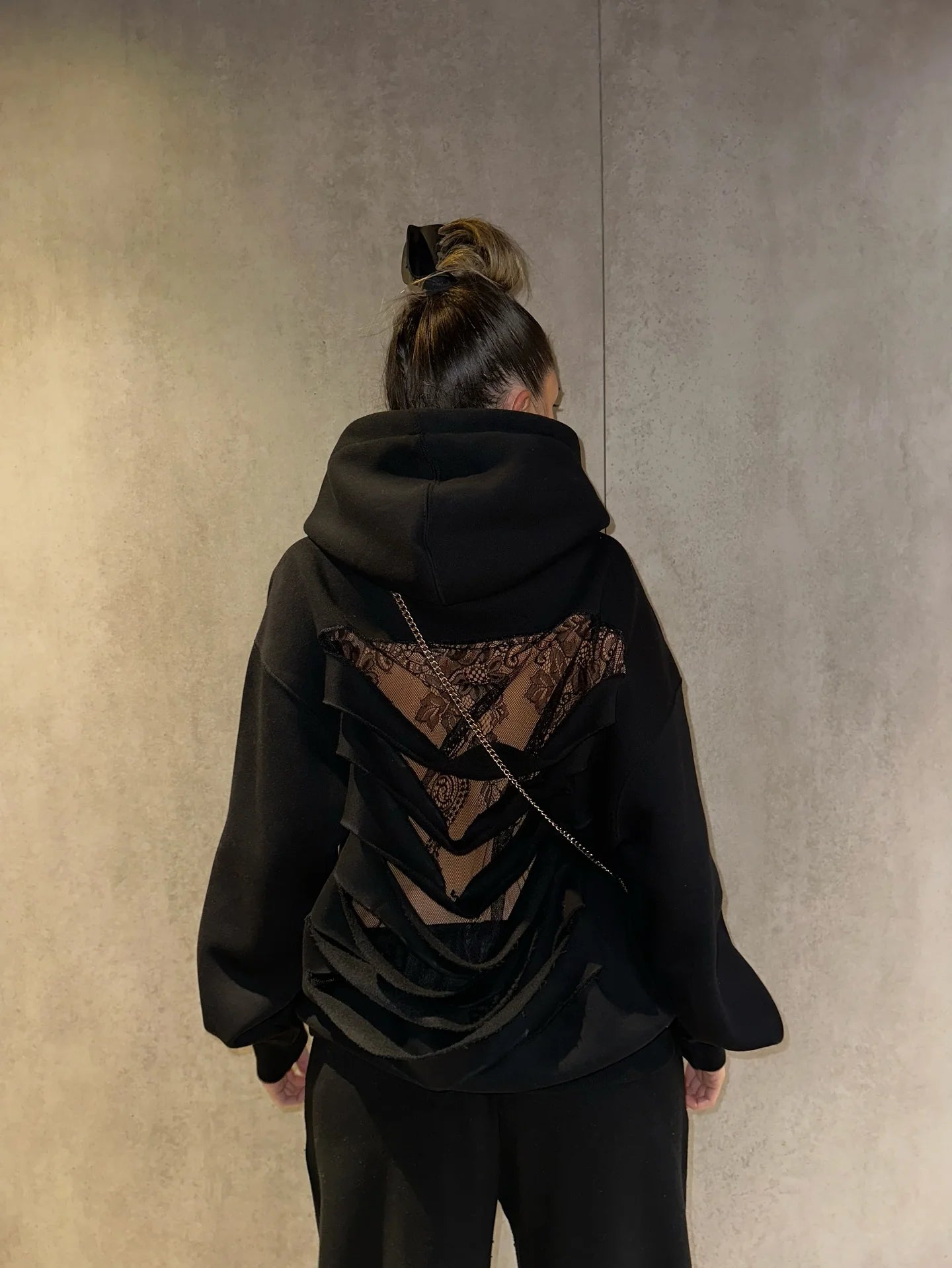 American Y2K Harajuku Gothic Lace Back Hollow Hoodie Womens Black Loose Pullover Hoodie Fashion Translucent Jacket