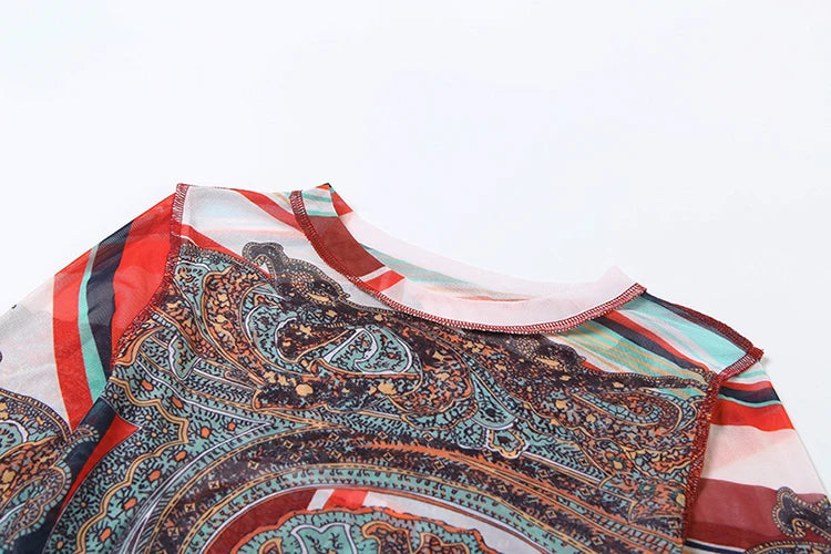 Weird Puss Colorful Print Women Crop Tops See Through 2025 Spring Full Sleeve Stretch Wild Basic Streetwear Hipster Skinny Tops