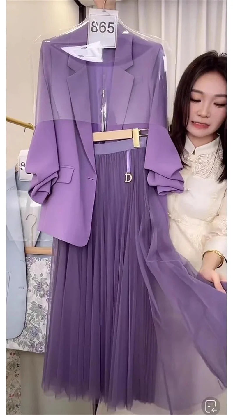 Female half Skirt Two Pieces Suit 2024 Spring Women Korean Dramas To Reduce Age Westernization Fashion Luxury Purple Suit Jacket