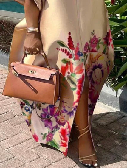 Beautyblue Plus Size Women's Clothing Robe De Soiree Femmes Elegant Floral Printed Boat Neck Puff Sleeves Oversized Maxi Dress