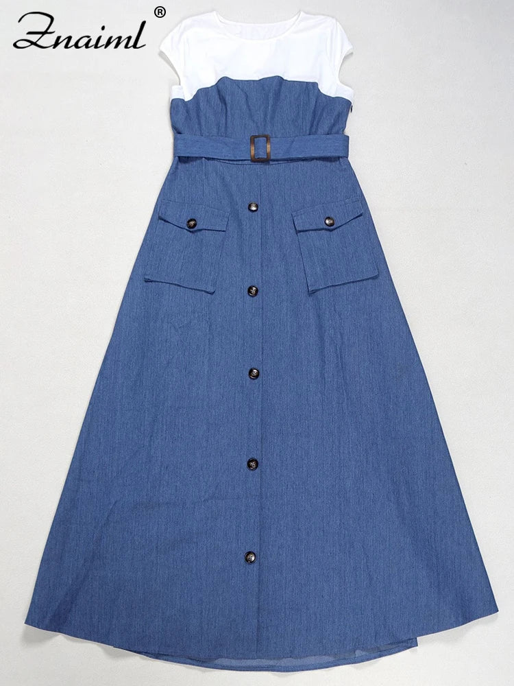 Znaiml Fashion Short Sleeve Pocket White Blue Denim Patchwork A-Line Dresses with Belt Woman Summer Elegant Bodycon Jean Dress