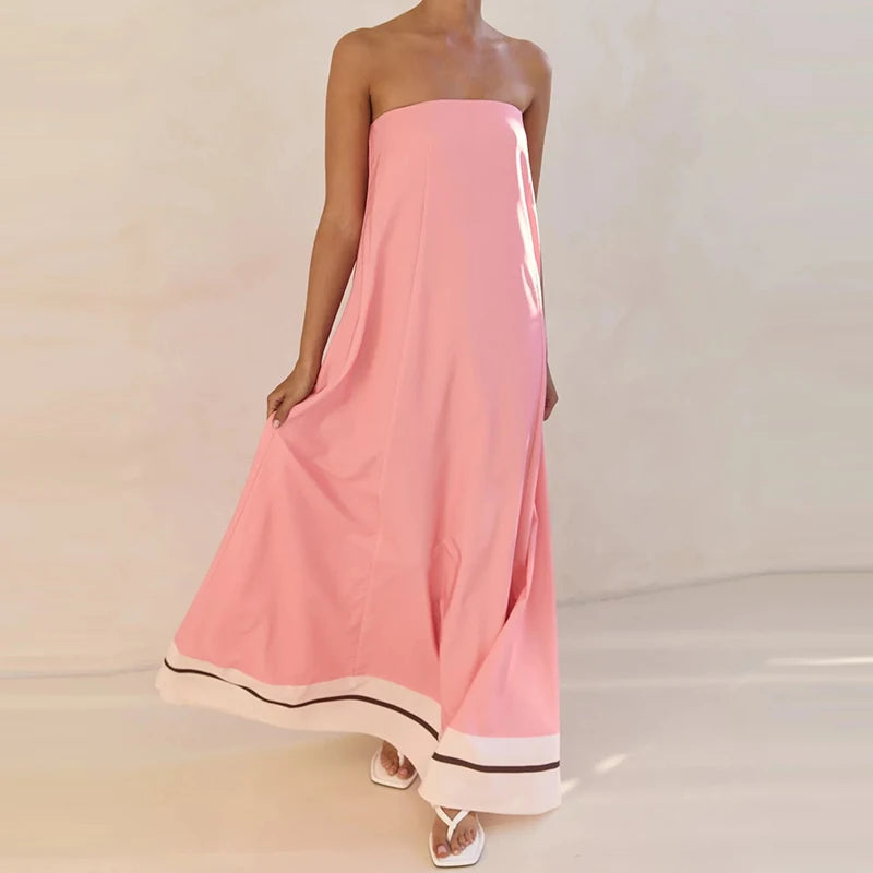 Casual Off Shoulder High Waist Loose Long Dress Backless Printed Holiday Women Dresses Summer Sexy Strapless Pleated Beach Dress