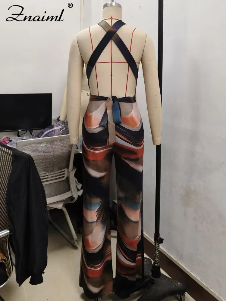 Znaiml Fashion Print Sleeveless Halter Deep V-neck High Waist Wide Leg Pants Women Sexy Night Club Birthday Jumpsuit Rompers