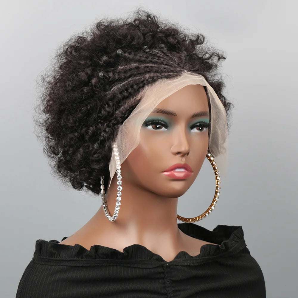 Afro Puff 13x4 Lace Frontal Human Hair With Pre Made Cornrow Braided Kinky Curly Wig With Baby HairHair Wig for Woman