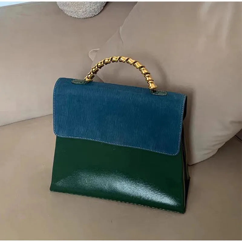 Brand Designer Small Square Bag Elegant Blue Green Stitching Fashion Trend Personality Texture Shoulder Bag Pu Leather Handbag