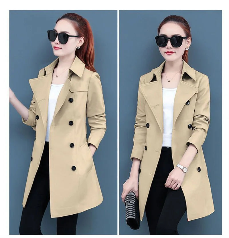 2025 New Trench Coat Midi Length Fashion Korean Elegant Khaki Black Loose Women's Windbreaker Coat Casual Double Breasted Tops