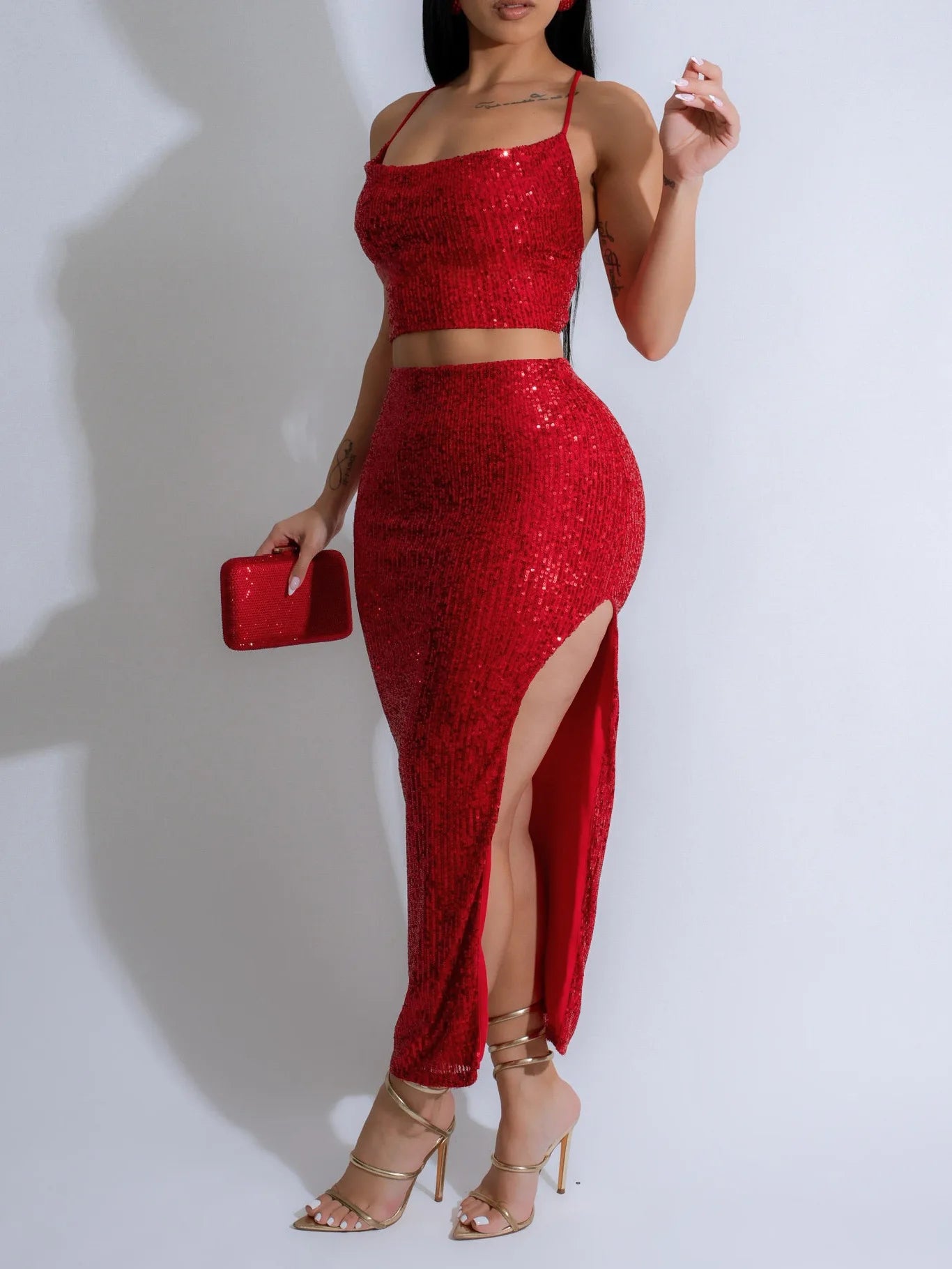 CM.YAYA Women Strapless Sleeveless Sequined Top + Long Skirt Suit 2025 Street Sexy Party Matching Two 2 Piece Dress Sets Outfit