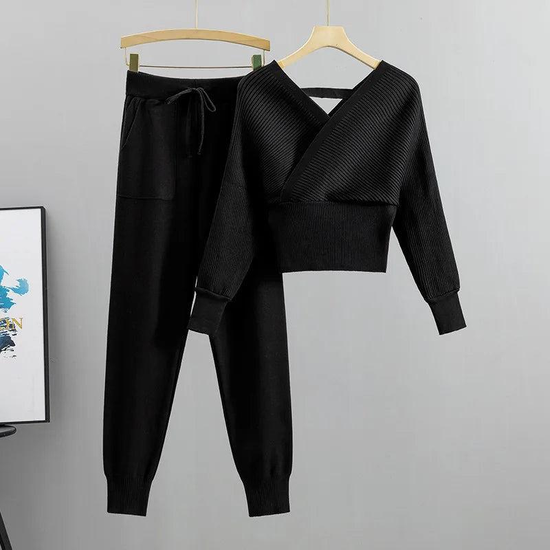 2 Piece Sets Women Knitting Outfits V Neck Pullover Sweater Pockets Drawstring Pencil Pants Slim Fit Suit Casual Knit Ensemble