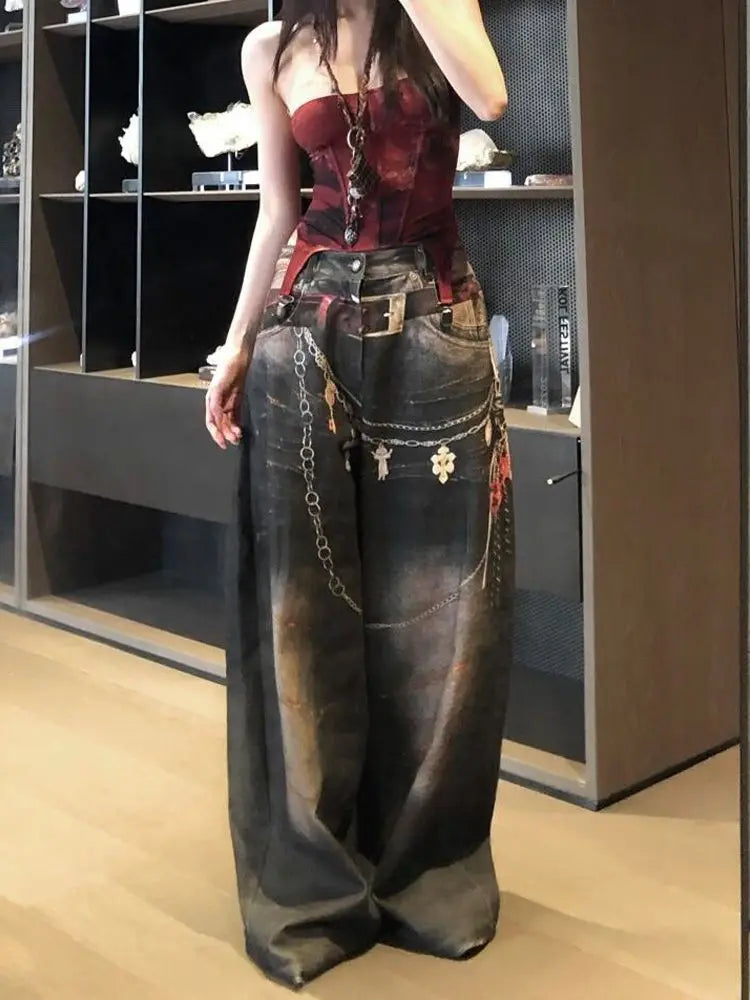 Y2K Retro Block Era Belt Printed Wash Jeans Loose Hot Girls Casual High Street Wide-leg Pants Women's Popular Large-size Pants