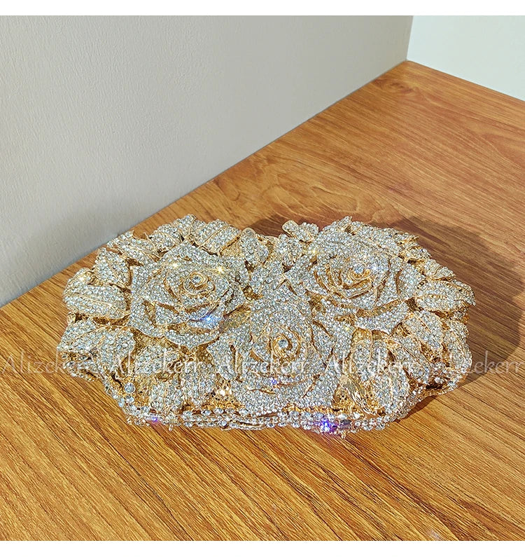 Alizekerr Rose Crystal Evening Clutch Bags Women New Luxury Boutique Sparkling Diamond Flower Purses And Handbags Wedding Party