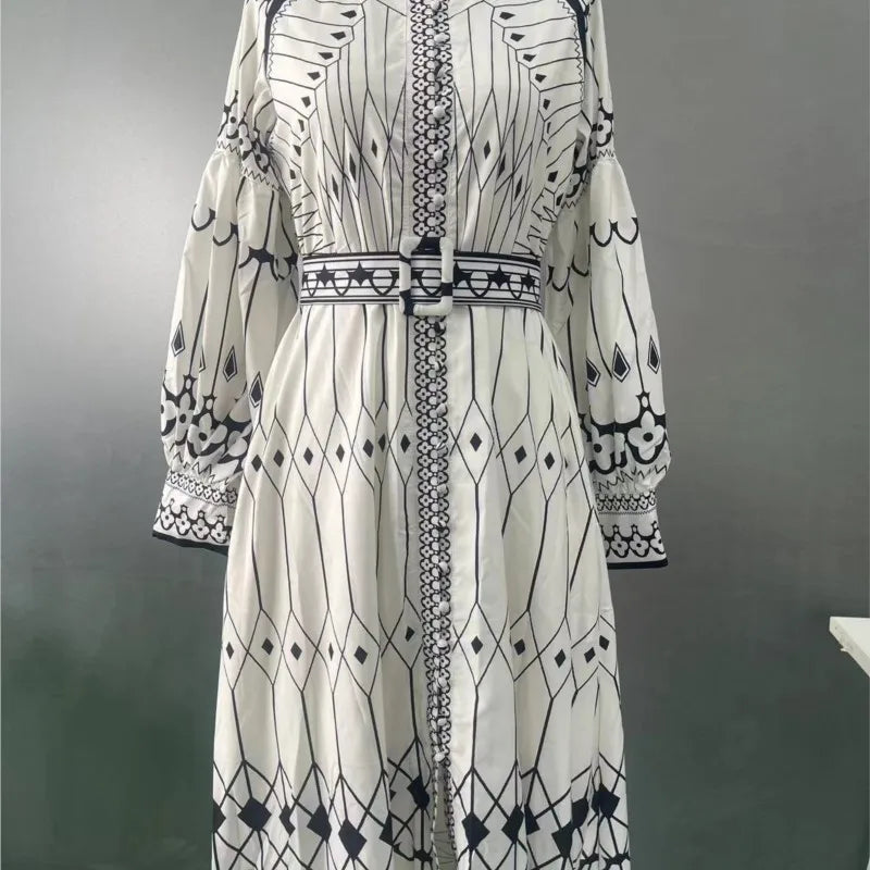 2025 Spring Women Vintage Long Dress Print Sashes Lantern Long sleeve Dresses Female Summer Elegant Fashion Office Lady Clothes