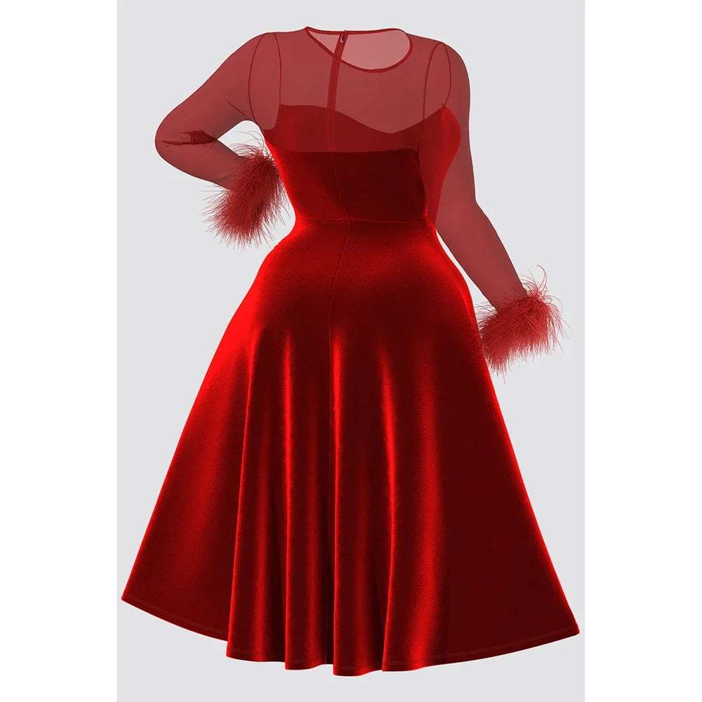 Plus Size Party A-line Midi Dresses Elegant Red Fall Winter Crew Neck Long Sleeve See Through Velvet Midi Dresses