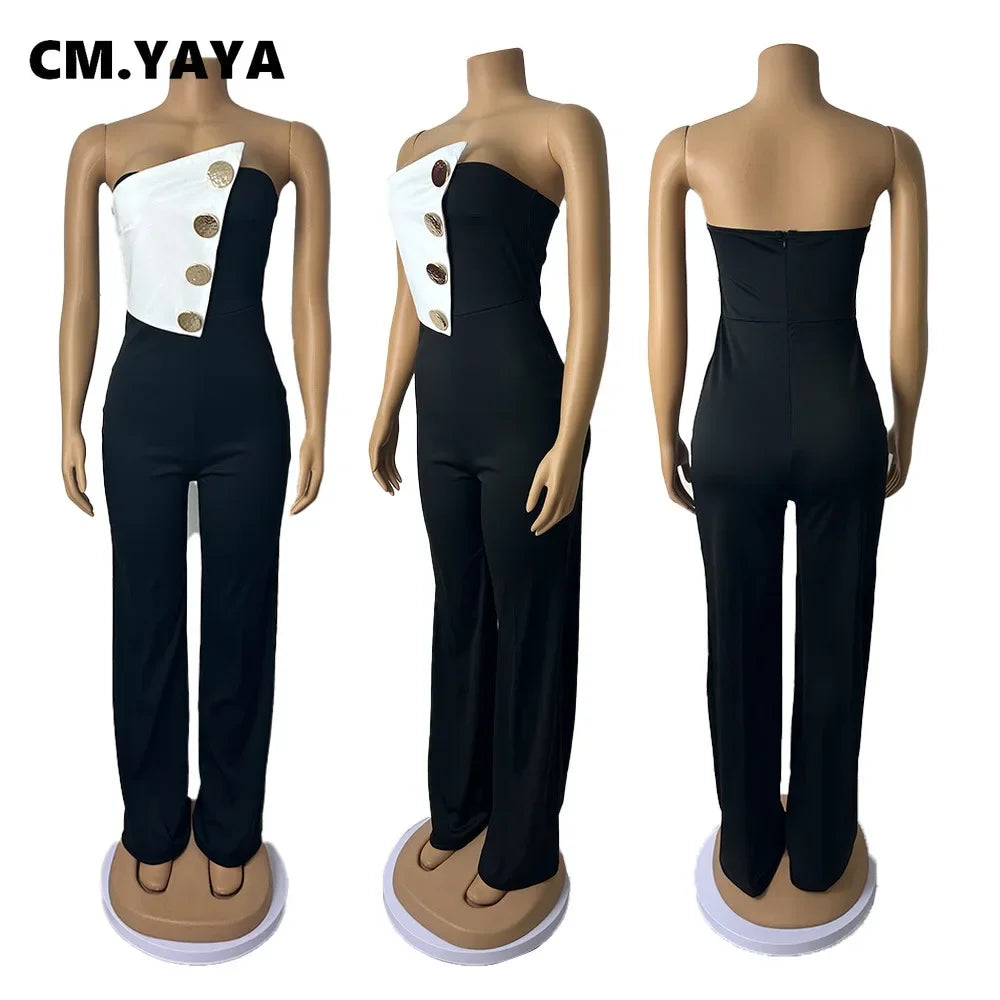 CM.YAYA Elegant Button Strapless Sleeveless Irregular Girl Jumpsuits 2025 Spring Women's Overalls Outfits Night Club One Piece