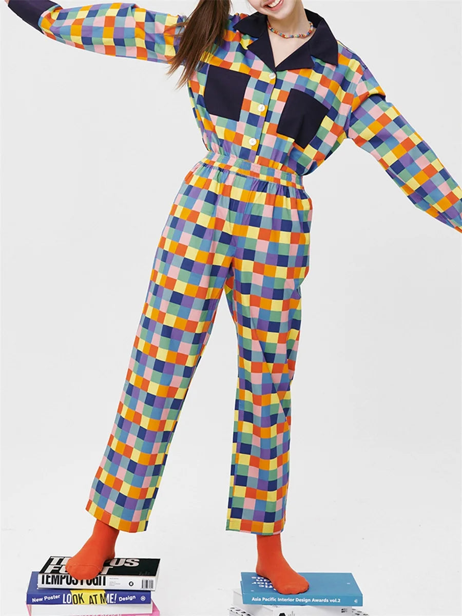 Women 2 Piece Pajamas Set Colorful Plaid Print Long Sleeve Button up Shirt and Elastic Pants for Loungewear Soft Sleepwear Pjs