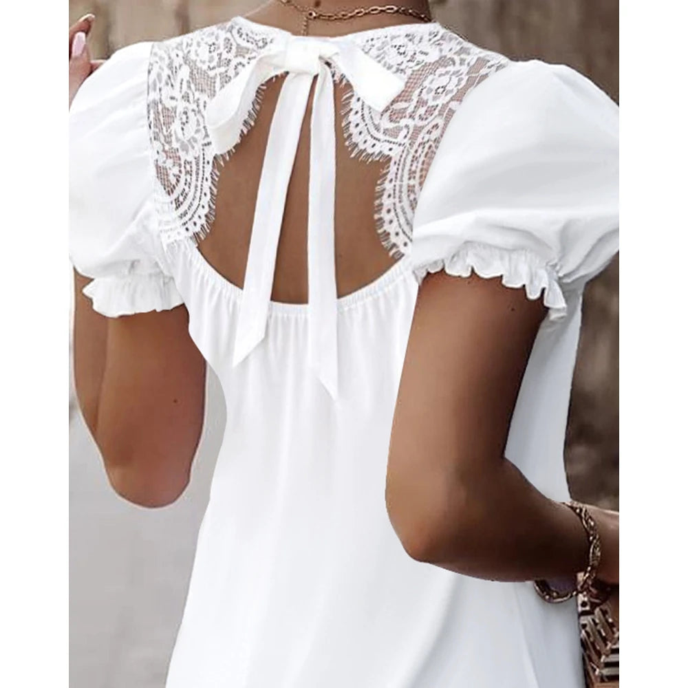 O-Neck Contrast Lace Cut Out Back Puff Sleeve White Top Fashion Femme Casual Short Sleeve Tied Detail T-Shirts