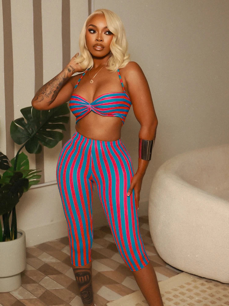 Weird Puss Sexy Stripe Patchwork 2-Piece Set Women Halter Chest Wrapped Camisole+Skinny Mid Pants Matching Hottie Beach Outfits