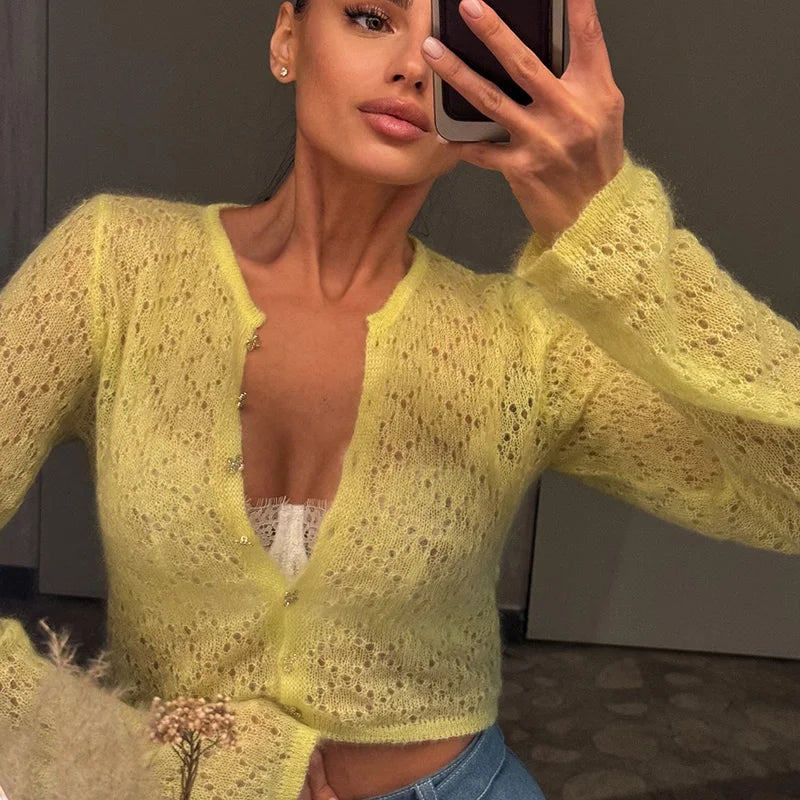 Sexy O-collar Single Breasted Hollow Cardigan Women Casual Solid Color Short Sweater Spring Autumn Thin Long Sleeve Knitted Coat