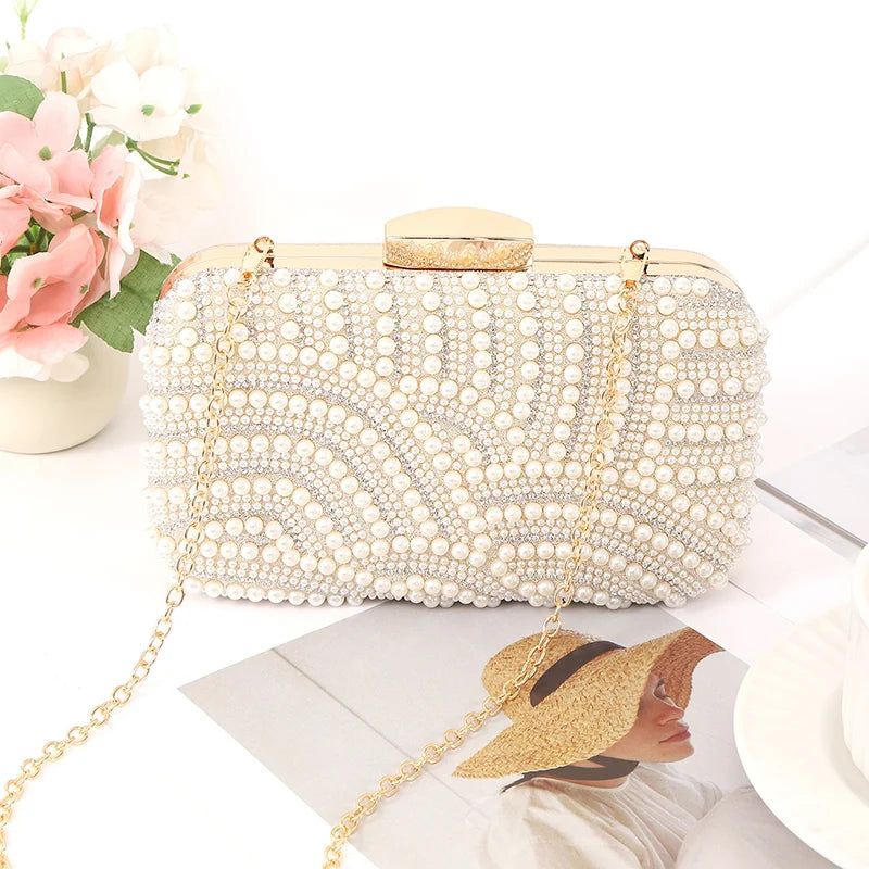 Ladies Pearl Elegant Evening Bag Fashionable Stylish Beading Wedding Dinner Party Banquet Dress Clutch Bag with Long Chain
