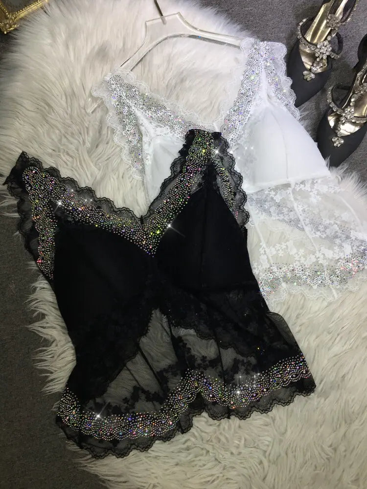 Back Beauty Black Camisole Women All-match Four Seasons V-neck Tanks Top Sexy V-neck Lace Splicing Hot Diamonds Slimming Camis