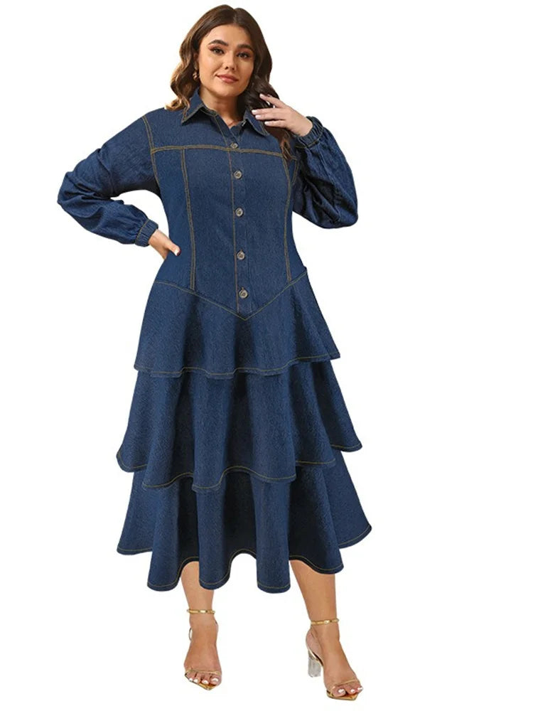 Wmstar Plus Size Denim Dresses for Women Button Solid Fashion Elegant Maxi Long Dress Fall Winter Clothes Wholesale Dropshipping