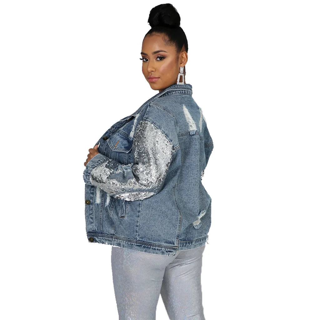Jackets Women Denim Coat Hole Sequins Patchwork Single Breasted Turn Down Collar Y2k Vintage Streetwear 2025 Autumn Outerwear