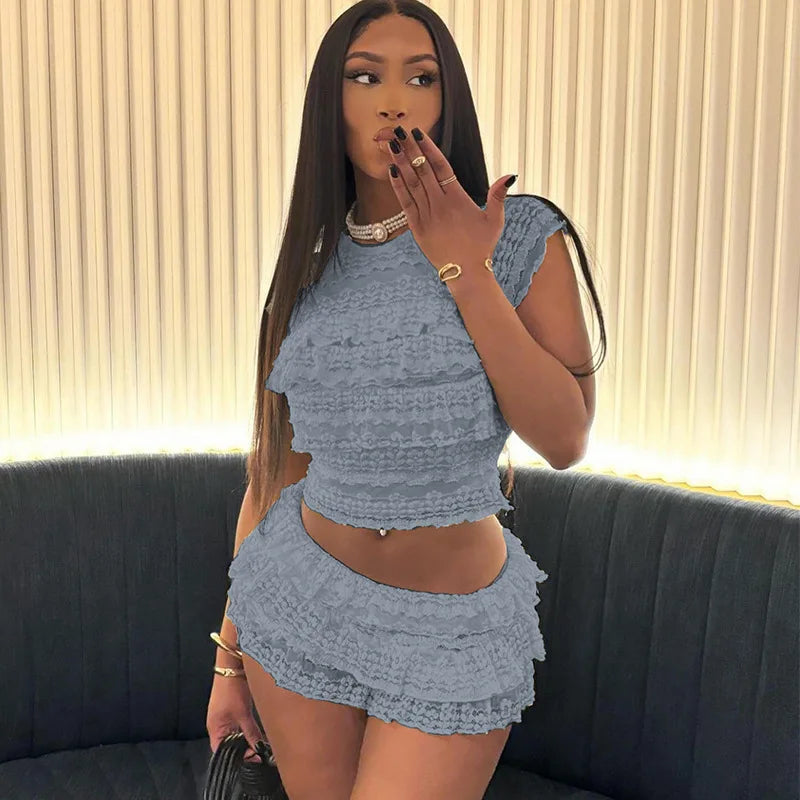Two Piece Women Crop Top And Mini Skirt Matching Set 2024 New Summer Fashion Sexy White Lace Ruffle Ruched Skirts Outfits