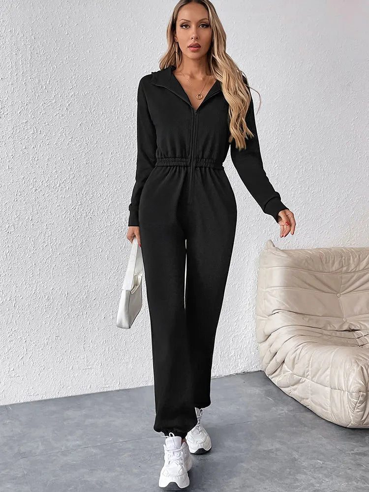 COOL BABES Store Women Jumpsuits New Spring Autumn Fashion Hooded Zippers Casual Slim Rompers Sexy Black Elegant Lady Jumpsuits