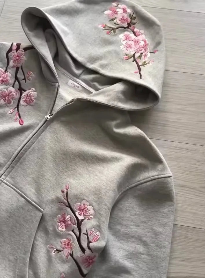 American Vintage Y2K Cherry Blossom Embroidered Hooded Jacket Womens Pink Zipper Coat with Floral Tree Graphic Streetwear