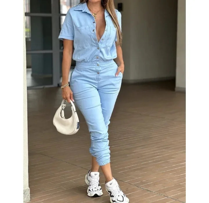 Women's Jumpsuit Summer 2025 Fashion Ankle Tied with A Lapel Pocket and Elastic Buttons At The Waist Short Sleeved Bodysuit Pant
