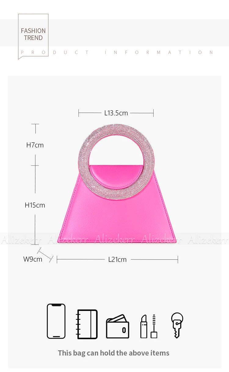 Bling Rhinestone Satin Handbags Women 2023 Elegant Boutique Round Crystal Handle Trapezoid Evening Clutch Purses Wedding Party