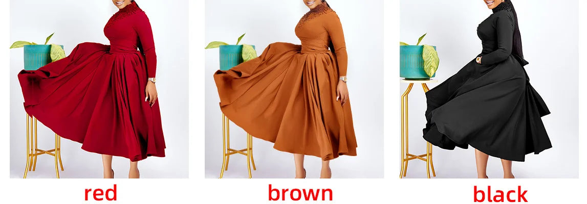 Fashionable High-collar Elegant Embroidered Large Dress Women Waist-shaping African Dress Trendy Plain Pattern Long Skirt