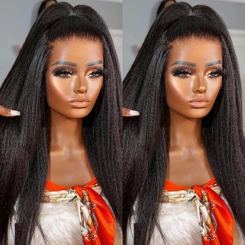 Yaki Kinky Straight Soft Black Color Synthetic 13X4X1 HD Lace Frontal Wig For Women Prepucked With Baby Hair Glueless Wig Party