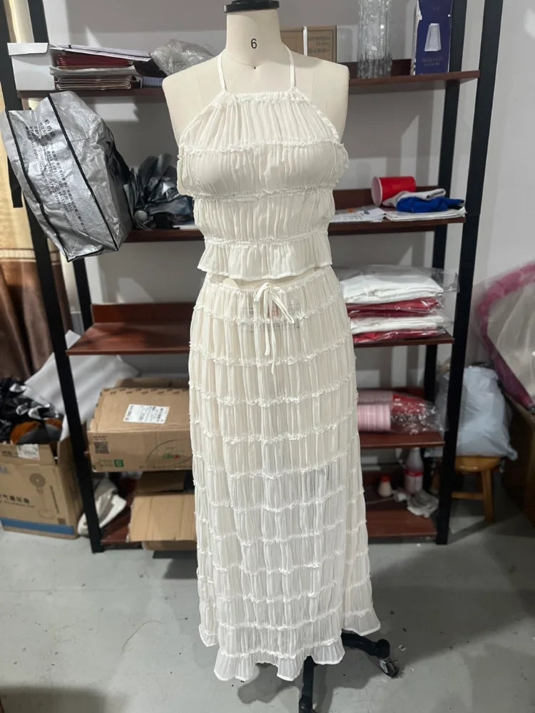 Chic Ruffle Long Skirt 2-piece Set Women Fashion Slim Fit Backless Sleeveless Elastic Halter Vest Suits 2025 Summer Y2k Outfits