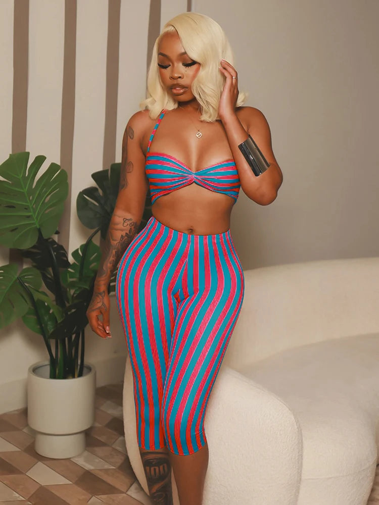 Weird Puss Sexy Stripe Patchwork 2-Piece Set Women Halter Chest Wrapped Camisole+Skinny Mid Pants Matching Hottie Beach Outfits