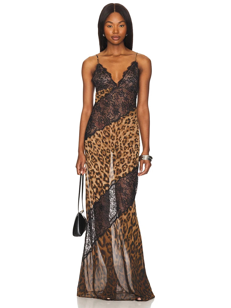Weird Puss Mesh Patchwork Mermaid Dress Women Leopard Print Sexy Low-Neck Cleavage Backless Ruched Midnight Fashion Long Bodycon