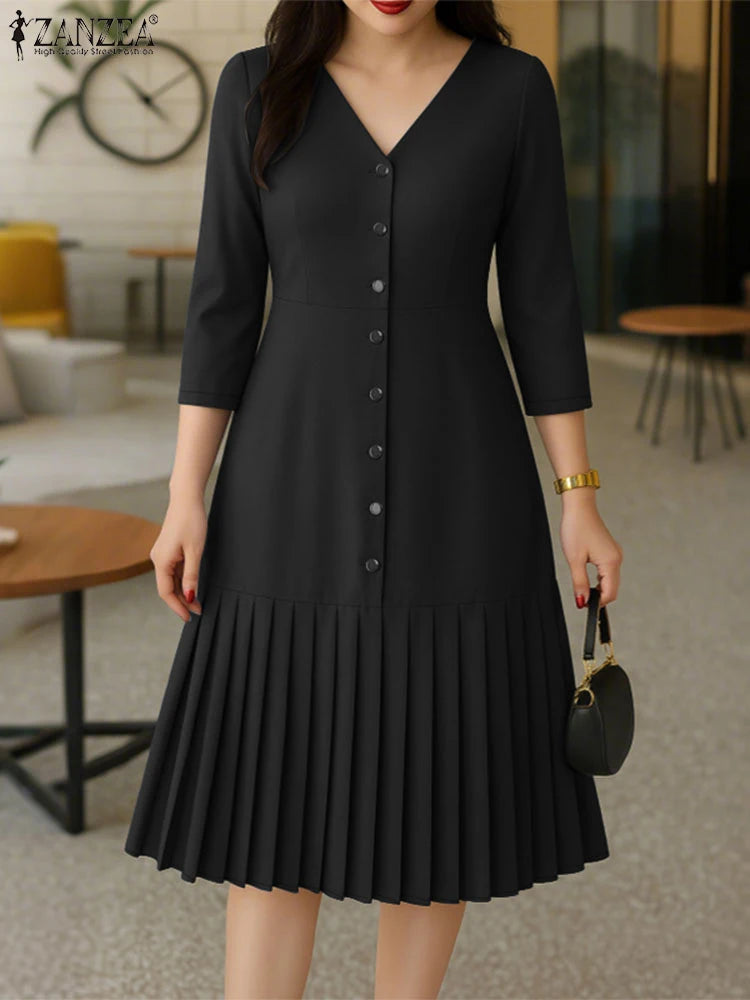 Pleated V-Neck Midi Dress