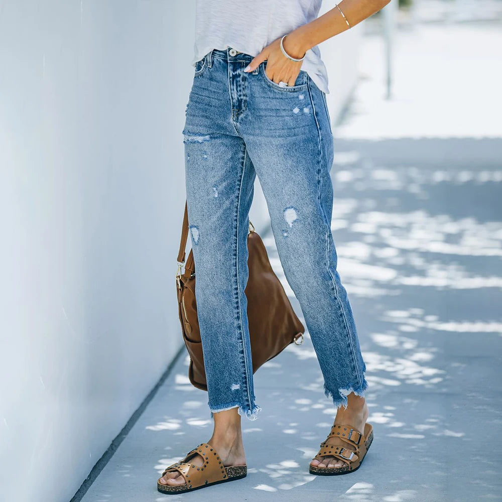 High Waist Ripped Denim Women Trousers Fashion Pants Casual Slim Cropped Straight Jeans Female Clothing S M L XL XXL