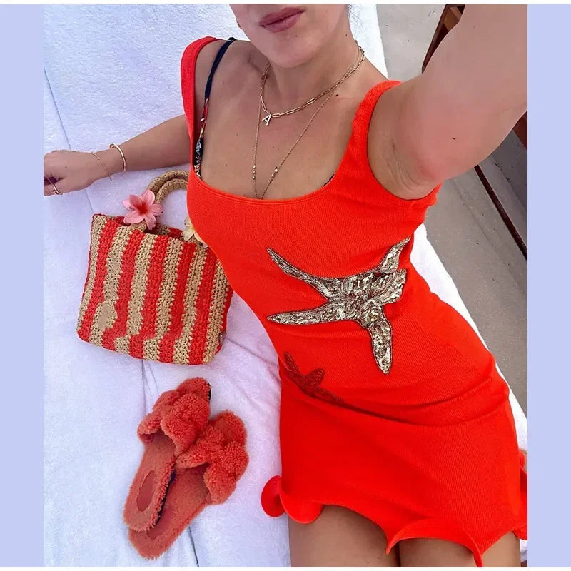 Sea Star Embroidered Knitted Women's Mini Dress Casual O Neck Sleeveless Holiday Dress 2025 Summer Vacation Sexy Slim Robe Dress