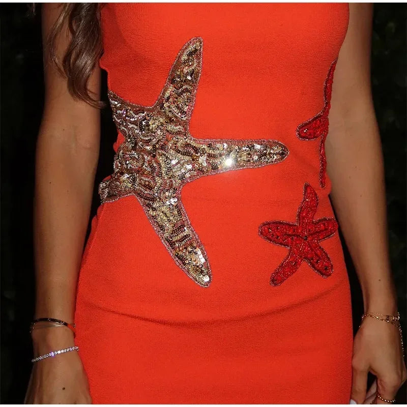 Sea Star Embroidered Knitted Women's Mini Dress Casual O Neck Sleeveless Holiday Dress 2025 Summer Vacation Sexy Slim Robe Dress