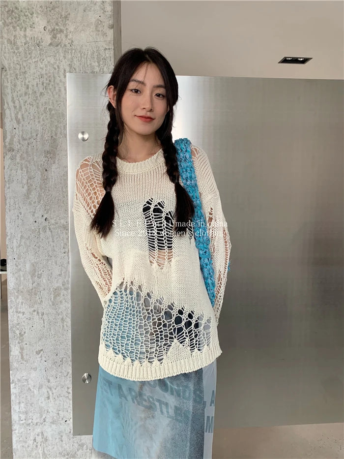 Karrram Gothic Hollow Out Sweater Hole See Through Oversized Knitted Pullovers Emo Streetwear Grunge Clothes Y2k Tops Spring