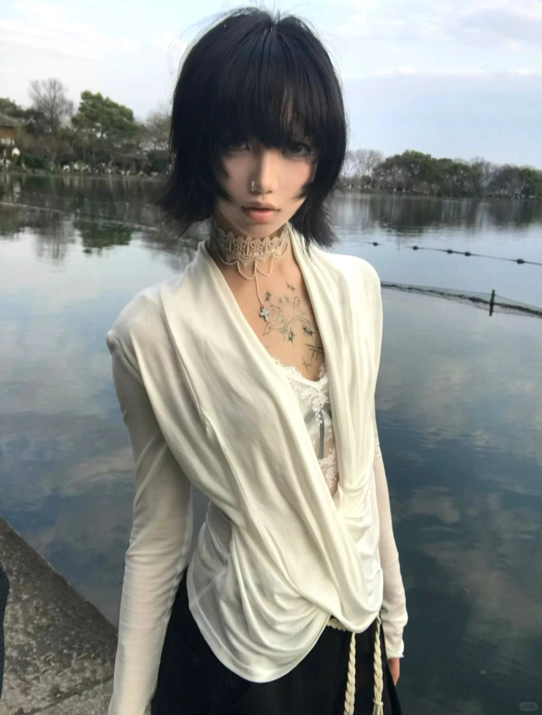 Karrram Japanese Y2k Cross Tops Trashy 2000s Style V-neck Long Sleeve T-shirt Vintage Harajuku White Irregular Tops American 90s