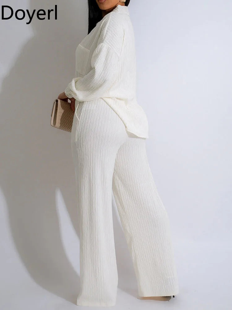 Doyerl Solid Casual Loungewear Sets Woman Two Piece Outfit Loose Fit Long Sleeve Shirt Top and Wide Leg Pants Matching Sets