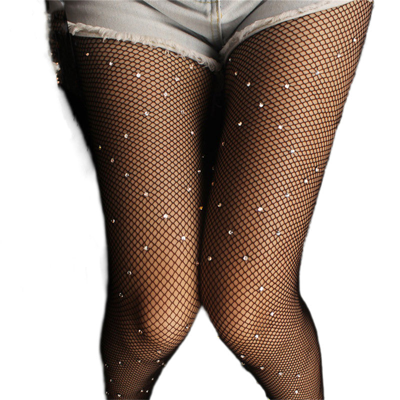 Women's Sexy Crystal Bling Stockings Rhinestone Fishnet Flash Mesh Ladies Skinny Sequins Pantyhose for Female Night Clubwear