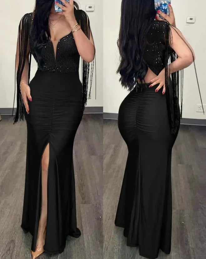 Evening Dresses Women Clothes Fashion Rhinestone Cold Shoulder Slit Ruched Party Elegant Long Bodycon Dress Summer 2024 New
