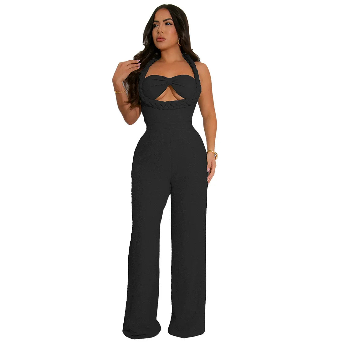 CM.YAYA Women Weave Halter Neck Backless Wide Leg Jumpsuit 2025 Chic Summer Sexy Party Club Night One Piece Suit Playsuit Romper