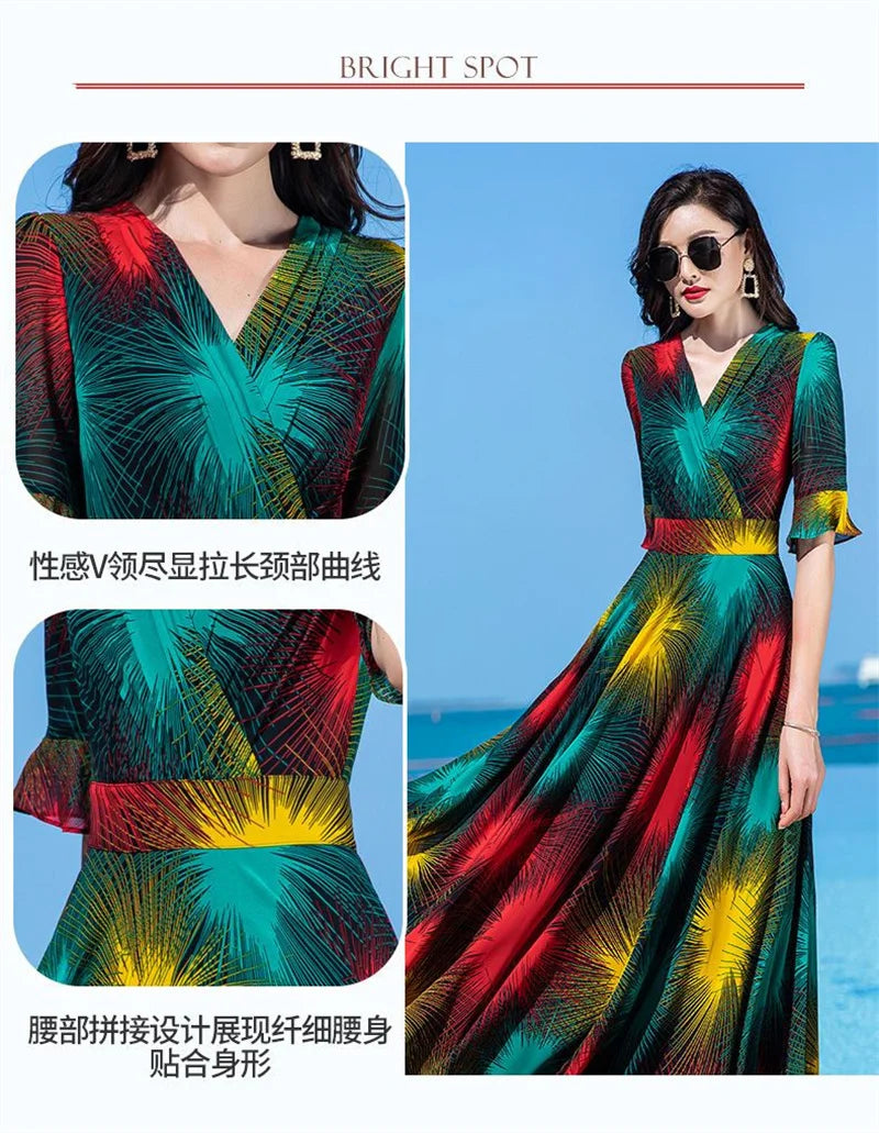Floral Dress 4XL Women's 2025 Summer Chiffon V-Neck Dress High end Style Celebrity Splice A-line Skirt for Women Elegant Mujer