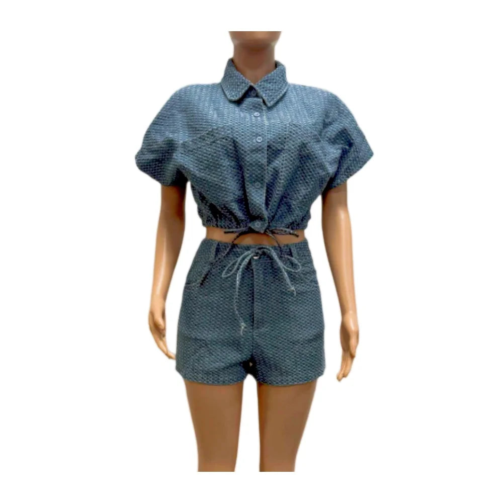 Embroidered Polo Neck Two Piece Denim Shorts Set for Women