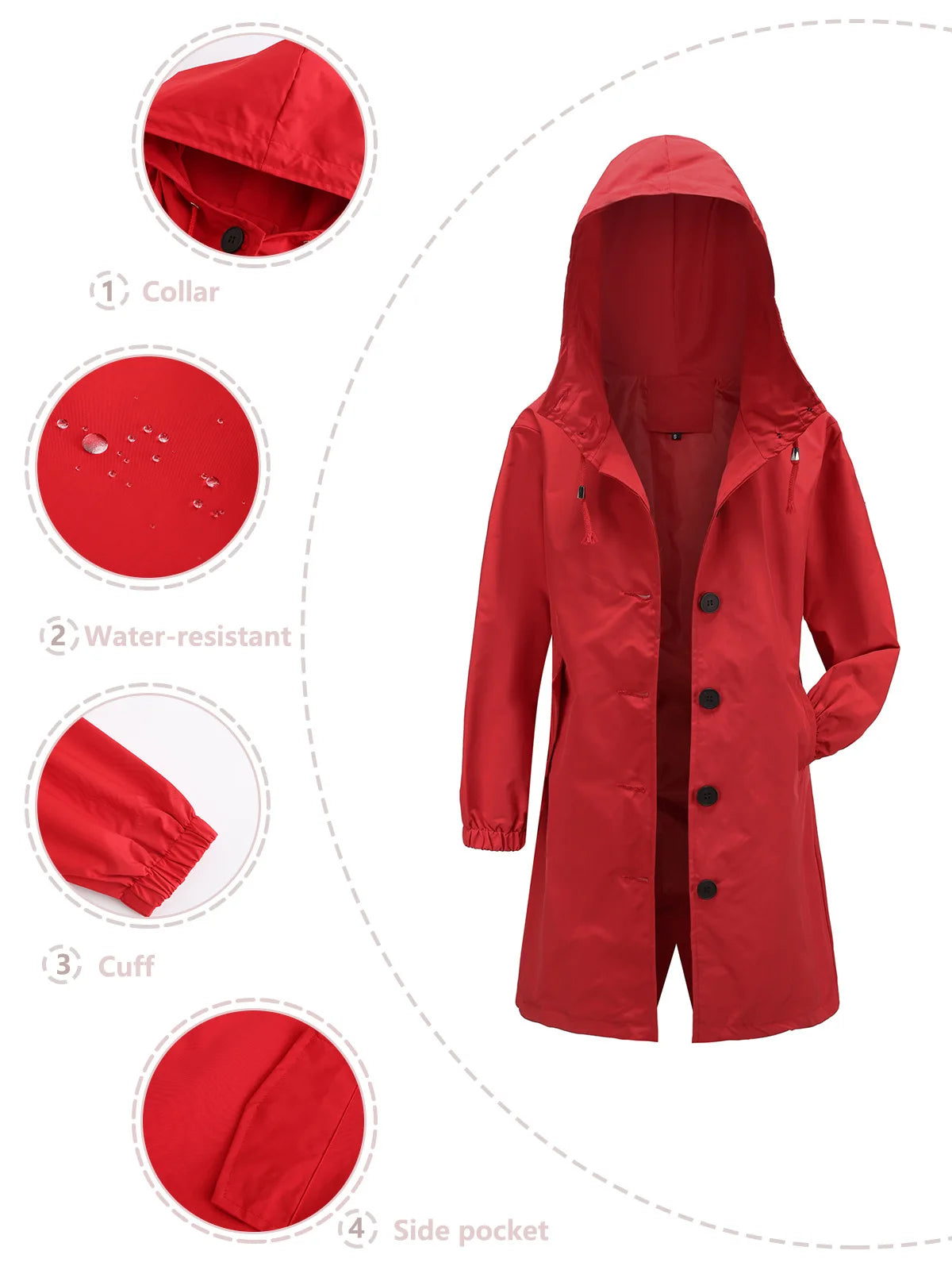 Spring Autumn Women's Trench Coat Water-Repellent Hooded Windbreaker Outdoor Loose Casual Zipper Long Jacket