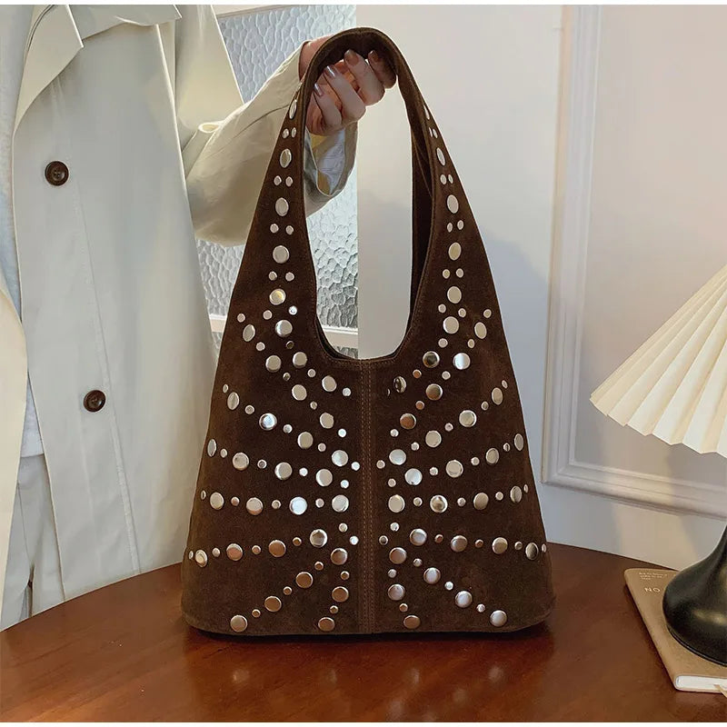 Polka Dot Rivet Tote Bag Women's Fashion Trend Texture Shoulder Bag High-end Luxury Suede Bucket Bag Commuter Female Handbag