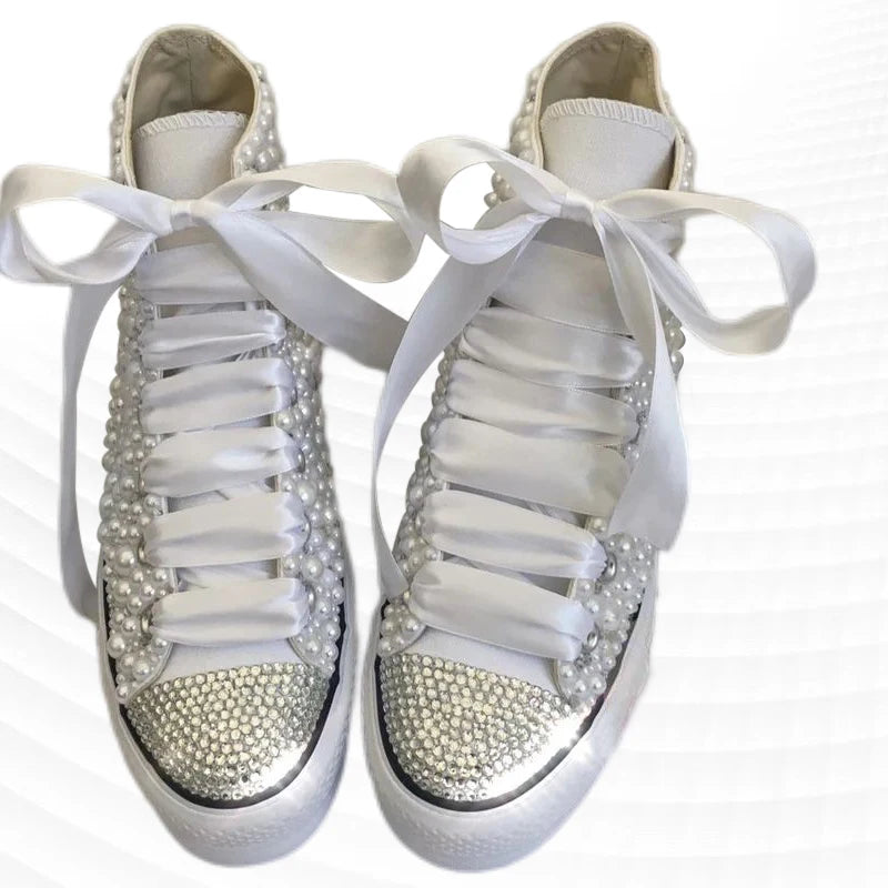 Pearl Rhinestone High Top Canvas Sneakers for Women